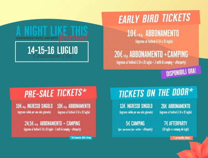 A Night like this’ festival, 14 /15 /16 luglio 2017, Chiaverano (To): abbonamenti in vendita